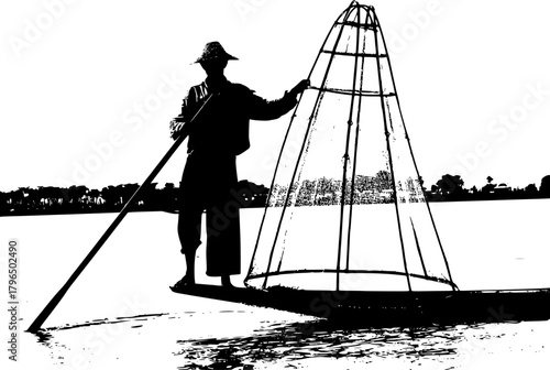 silhouette of a fisherman with a net