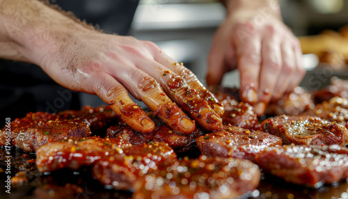 Close-up of hands marinating raw meat with spices and sauce on a flat surface, preparing for cooking.