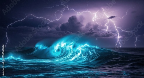 Fototapeta Naklejka Na Ścianę i Meble -  Glowing blue wave in the ocean during a lightning storm