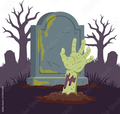Zombie hand rising from a grave in a dark graveyard scene, a spooky vector for Halloween horror themes
