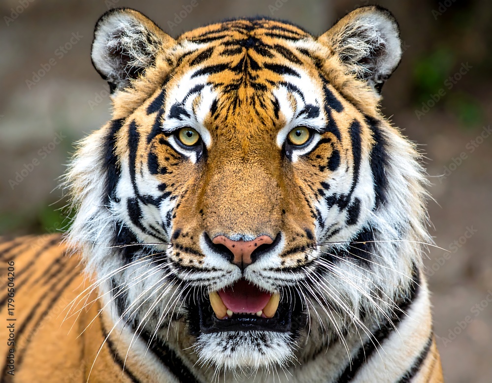 Fototapeta premium Close-up of a tiger's face with bright eyes, and striped fur