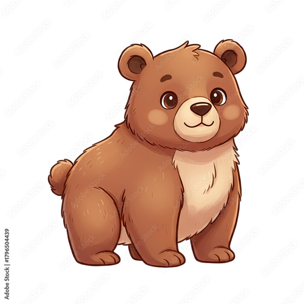 Fototapeta premium Cute cartoon brown bear with fluffy fur and big eyes sitting on a transparent background looking forward in a gentle pose