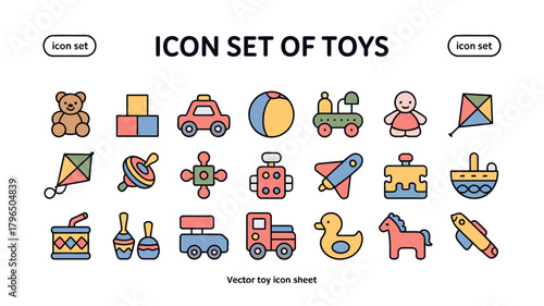 Playful Toy Icons – 20 Colorful Vector Glyphs in Minimalist Flat Style