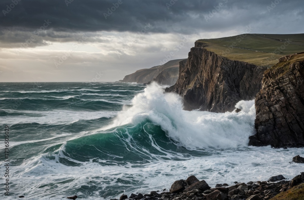 Fototapeta premium Huge Wave Crashing on Rugged Coastal Cliffs in a Stormy Sea