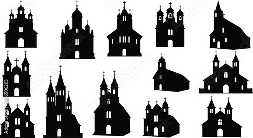 Church silhouette illustration set, religious architecture vector, steeple and dome design, Christian landmark graphics, spiritual building collection