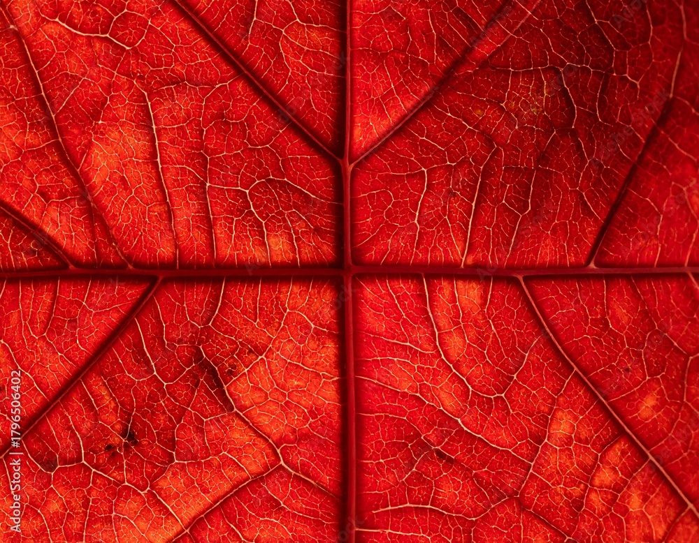 Fototapeta premium Close-up of a vibrant, autumn leaf showing its intricate veined structure. The red hues are intense, illuminated