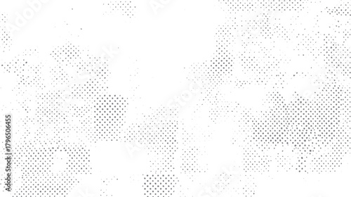 Abstract grayscale halftone pattern with scattered dots and irregular shapes on white background texture