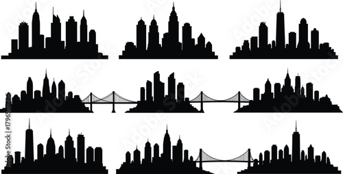 City skyline silhouette set, urban architecture vector, skyscraper and bridge design, metropolitan landmark illustration, modern cityscape collection