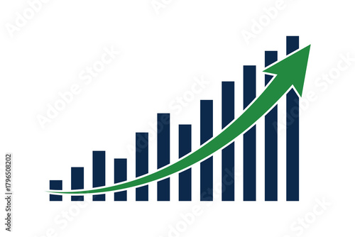 Growing bar graph with upward trending green arrow showing business progress.