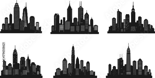City skyline silhouettes, urban architecture, skyscraper shapes, black vector icons, skyline comparison, modern buildings, white background, stylized cityscape, design elements