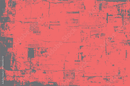 Distressed coral and grey abstract background with faded newspaper print texture and grunge elements