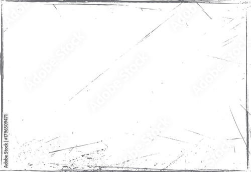 Distressed grunge border frame with scratches and dust particles on white background vector