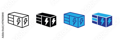 Set of four isometric electrical fuse box icons with lightning bolt symbols isolated on white background