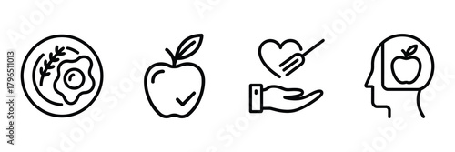 Set of four simple line art icons representing healthy eating and lifestyle choices isolated on white background