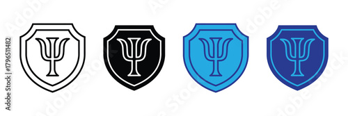 Four stylized shields featuring the greek letter psi symbol for psychology in outline black and blue variations isolated on white background