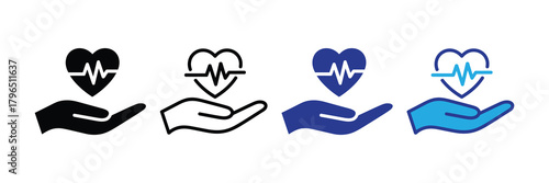 Collection of four hand and heart with electrocardiogram icons in different colors isolated on white background