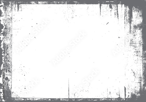 Grungy distressed textured border overlay with scattered dust and scratches on a white background grunge