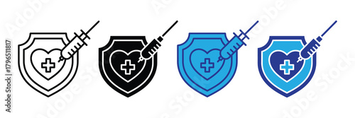 Medical shield with syringe and heart symbol representing healthcare protection and vaccination concepts isolated on white background
