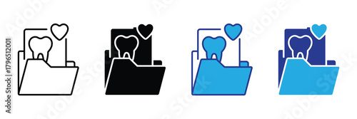 Four stylized dental icons showing a tooth and heart symbol in different color variations isolated on white background