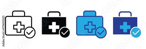 Set of four medical bag icons with a cross and checkmark isolated on white background