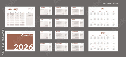 2026 Calendar Planner Set of Template Monthly Page with Note, Cover with Place for Photo, Company Logo, Annual 2026-2027. Vector layout of wall or desk organizer for print. Week start Monday. Pages A4