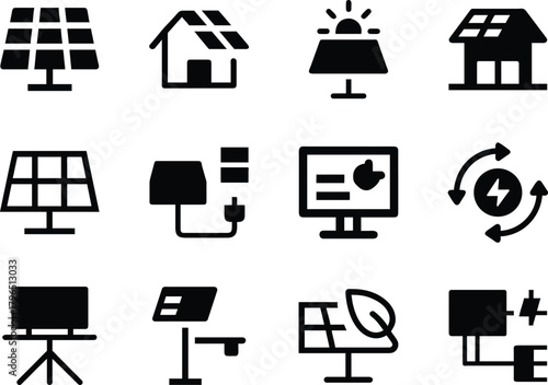 Solar panel silhouette icon set with clean energy symbols, simple bold editable vector EPS.