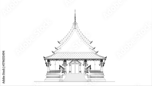 Laos/Thai Temple Vihara Line Art Vector illustration