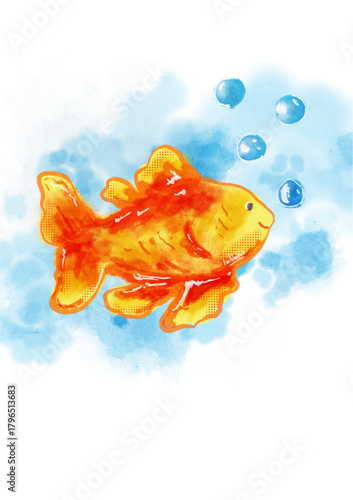 Cute watercolor goldfish illustration with bubbles on a blue background