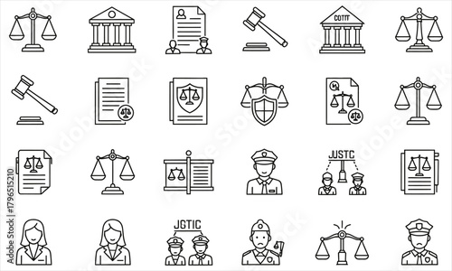 Law and Justice line icons set. Collection of legal symbols including judge, courthouse, scales, and gavel vector illustration