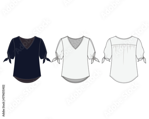 Women's blouse short sleeve top, Fashion Flat Sketch Vector Illustration, Mockup, CAD, Technical, Template.
