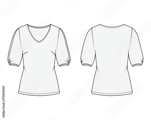 Women's blouse short sleeve top, Fashion Flat Sketch Vector Illustration, Mockup, CAD, Technical, Template.