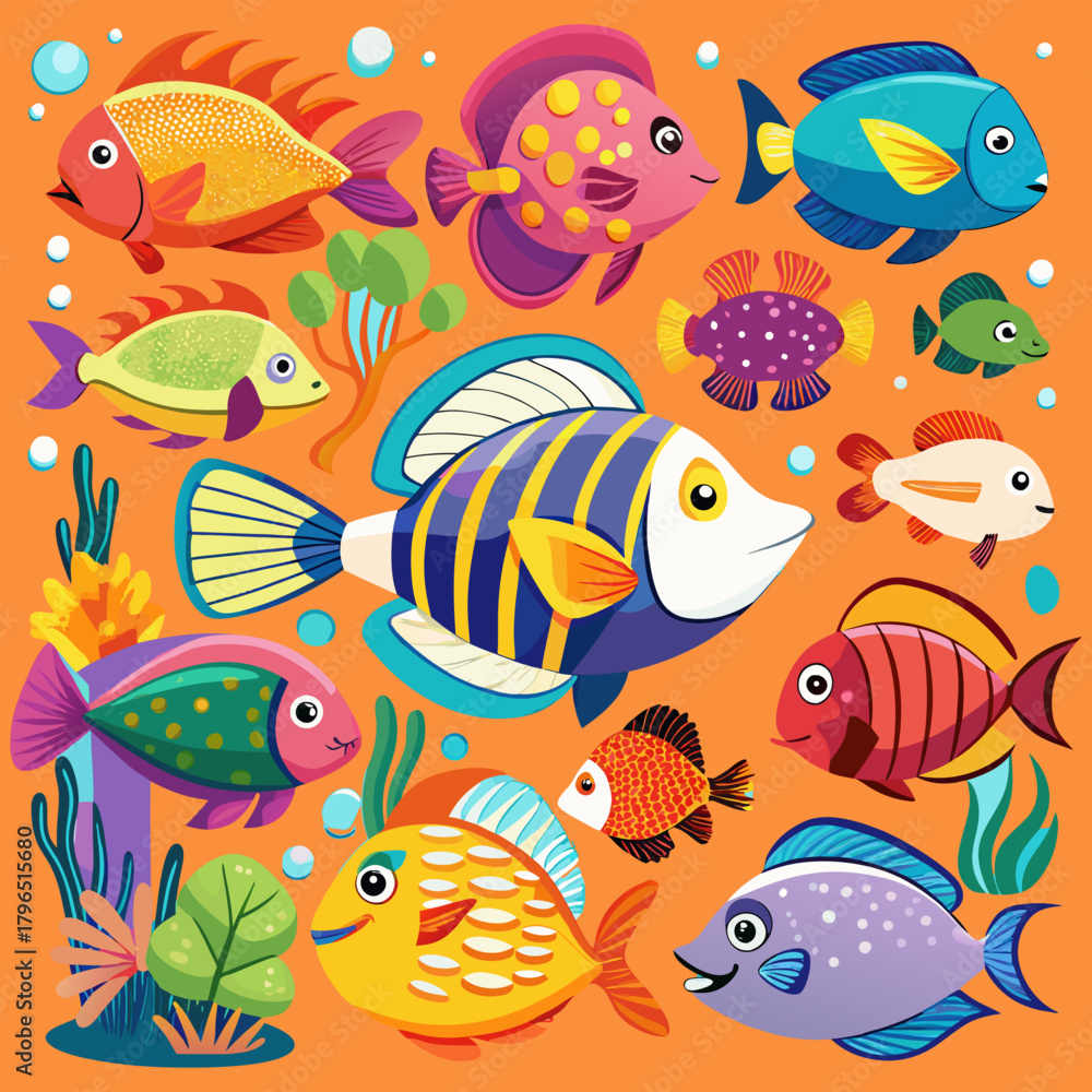 Naklejka premium “Colorful Tropical Fish Collection Cute Cartoon Sea Life Vector Illustration”