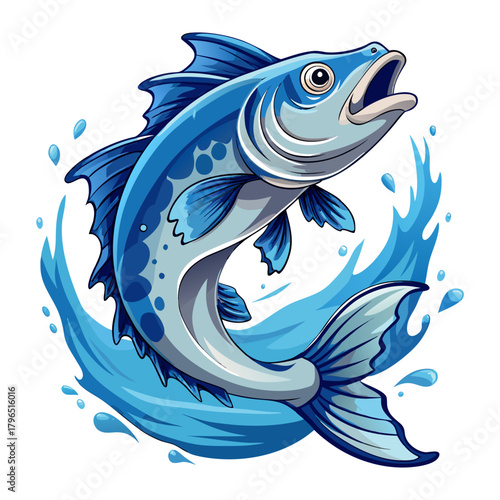 “Blue Splashing Fish Illustration Dynamic Aquatic Vector Artwork”
