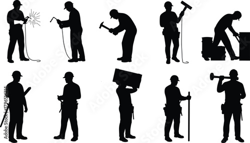 Construction worker silhouettes, welding, drilling, hammering, lifting, pipe carrying, tool belt, black vector icons, labor poses, white background, industrial tools