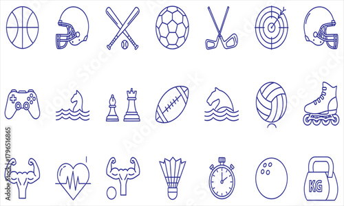 A collection of sport and recreation line icons for various activities. Vector set of outline symbols for fitness, gaming, and athletic games