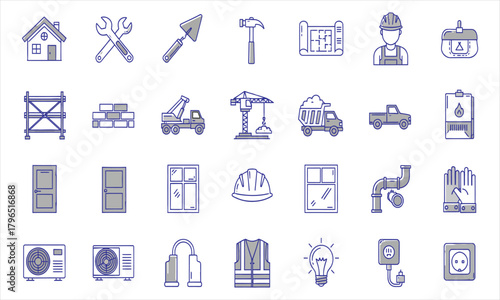 A comprehensive set of construction and building industry icons, including tools, equipment, and architectural symbols for design projects