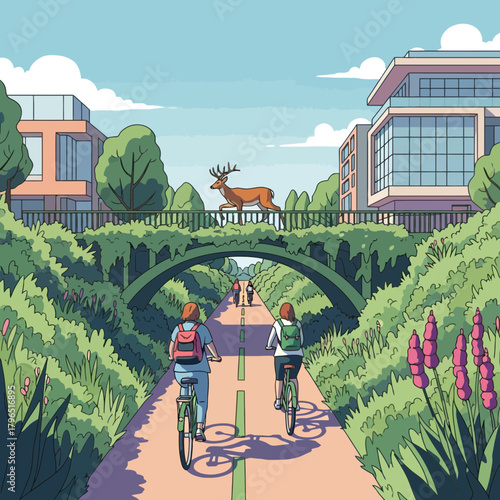 Deer Crosses Modern Eco Bridge Above Bikers