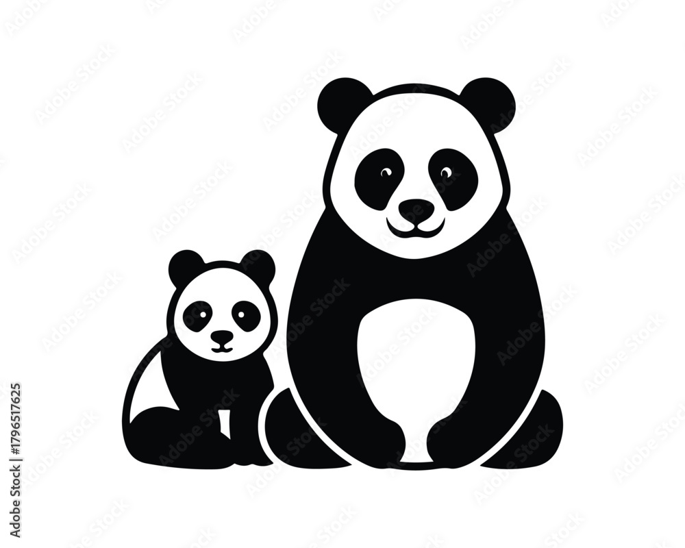 Naklejka premium mom panda with baby, panda silhouette, standing panda, panda vector design, panda illustration, panda collection, cute panda vector, black and white panda, adorable panda design, panda icon, panda, an