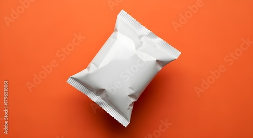 High-Contrast 3D Render: Unbranded Glossy White Snack Pouch Mockup Suspended Above a Seamless, Vibrant Orange Background. Ideal Packaging Template for Food or Chip Bag Branding Projects.