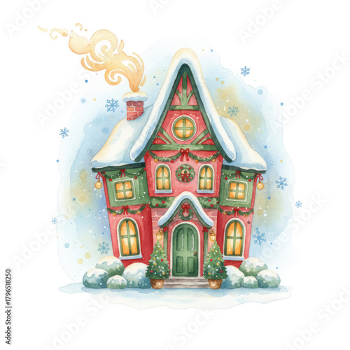 Colorful festive cottage decorated with lights and wreaths, surrounded by snowflakes, evoking a cozy winter atmosphere