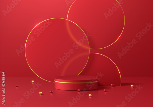 Red 3D cylindrical podium background with overlap layers golden circle ring scene. Minimalist geometric platforms mockup pedestal design. Abstract stands product display presentation. Stage showcase.