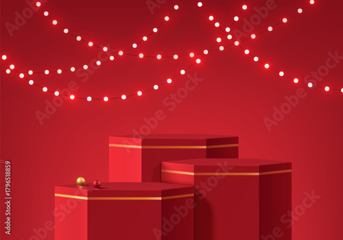 3D red hexagon podium Christmas new year background with Hanging light bulbs scene. Minimalist geometric platforms mockup pedestal design. Abstract stands product display presentation. Stage showcase.