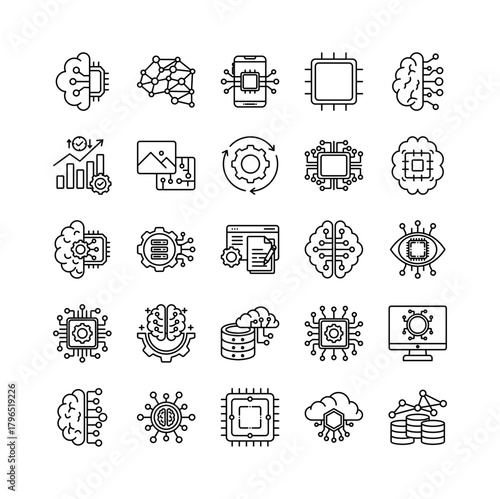 Artificial intelligence icon set collection. Containing cog, server, intelligence, report, vision, brain, chart.Line vector icons collection
