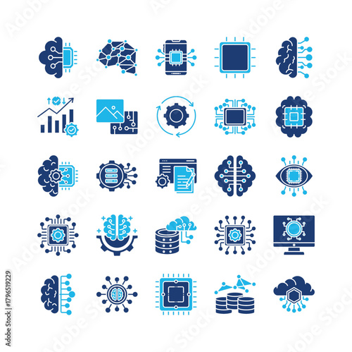 Artificial intelligence icon set collection. Containing cog, server, intelligence, report, vision, brain, chart.Solid vector icons collection