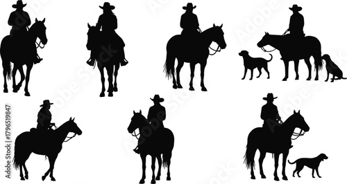 Cowboy on horseback, dog companion, western silhouettes, rural lifestyle, black vector icons, ranch scene, white background, country riding poses