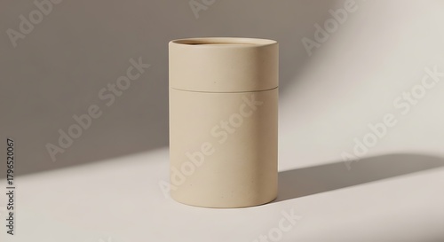 Simple beige cylindrical packaging tube with lid on light background, studio shot.
