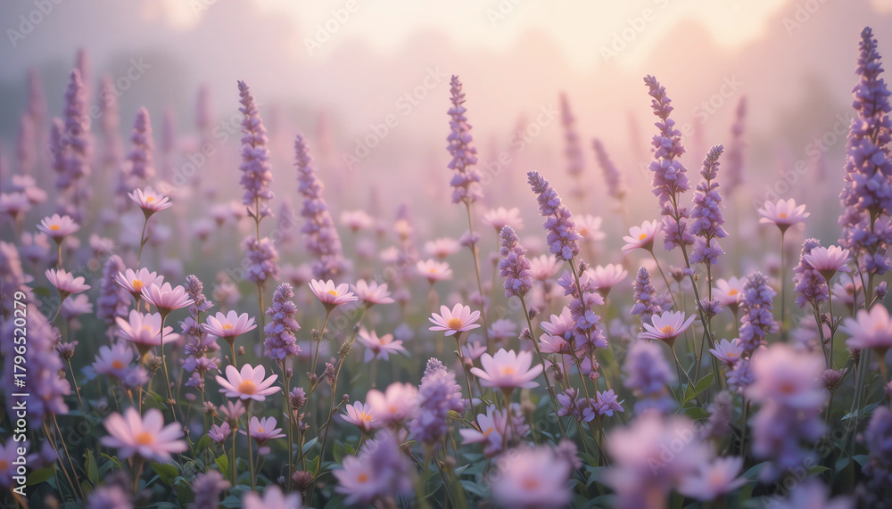 Fototapeta premium soft pastel flower meadow, pink and lavender tones, dreamy atmosphere, 8K