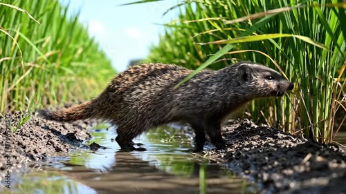 A mongoose walks in a muddy rice paddy Lush green rice plants flank the watery path under a bright slightly clouded sky