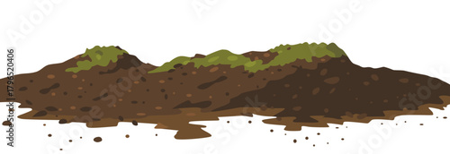 Stylized illustration of fertile soil with moss and small pebbles.