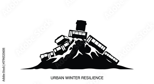 Overwhelmed by urban winter challenges, a pile of vehicles struggles against the elements.